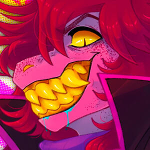 It's a cropped image of Susie from Deltarune. She's smiling at the viewer while baring here sharp golden teeth and fangs. blue liquid is drooling from her lips as she grins confidently.